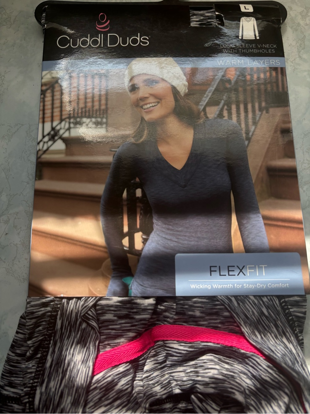 Cuddl Duds Gray/Black Space-Dye Long-Sleeve V-Neck with Pink Trim